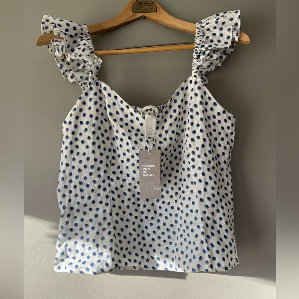H&M linen tank Medium frills off the shoulder polka dot summer top New with tags
